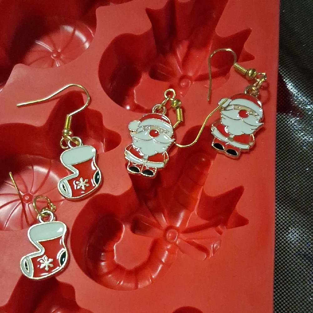 Festive Santa and Stocking Earrings - Red and Gold
